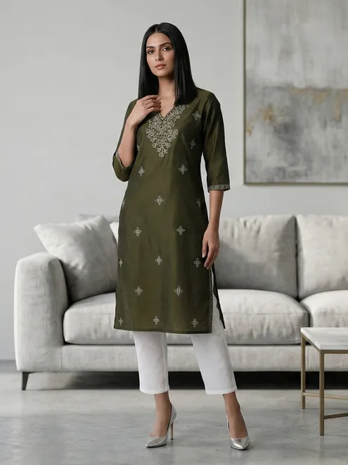 Mehendi green cotton silk embroidered v neck kurti