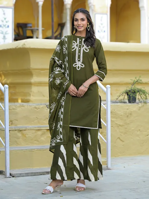Mehendi green cotton silk kurti palazzo set