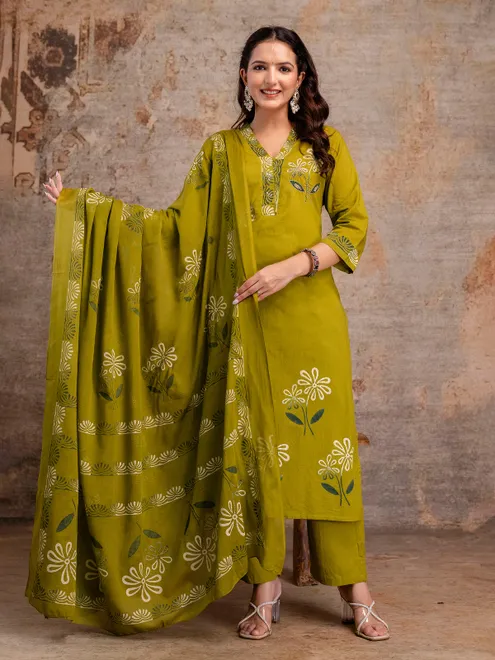 Mehendi green cotton silk printed kurti set