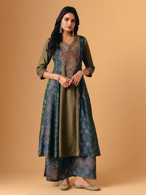 Mehendi green cotton silk v neck palazzo suit for women