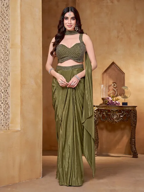 Mehendi green crepe silk indowestern suit for women