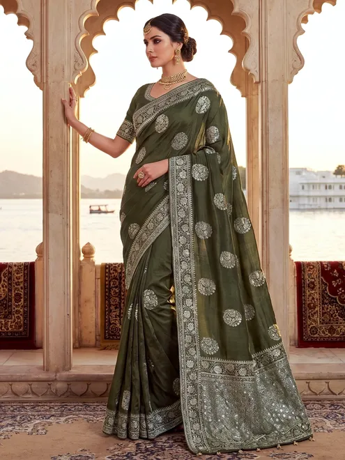 Mehendi green dola silk floral booti festive saree