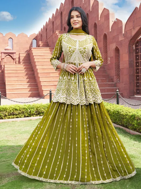 Mehendi green embroidered georgette lehenga suit