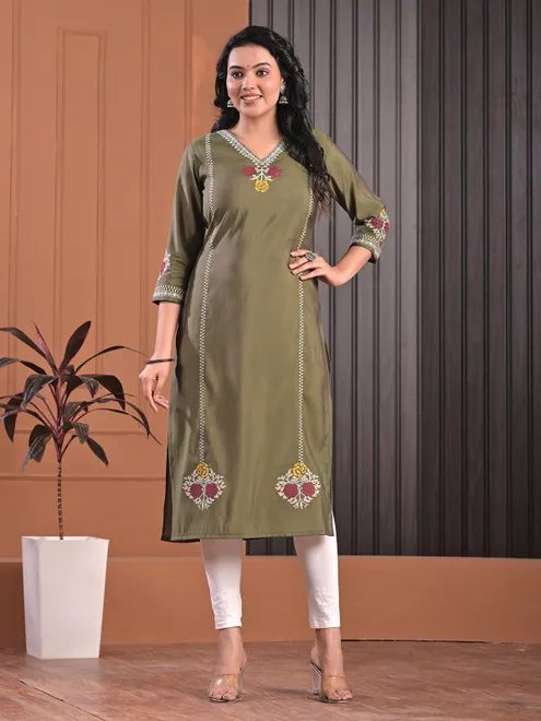 Mehendi green embroidered work silk casual kurti