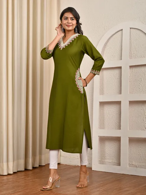 Mehendi green embroidery work cotton silk kurti