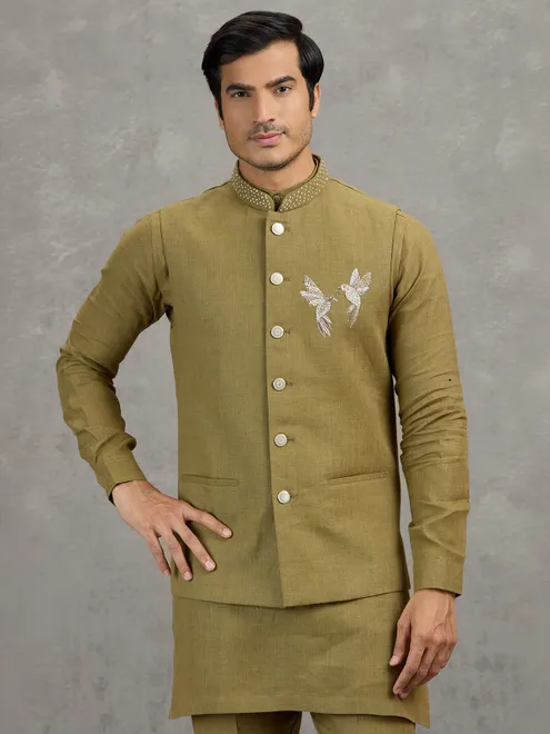 Mehendi green festive linen waistcoat set