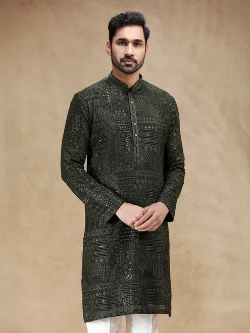 Mehendi green georgette kurta pajama with resham work