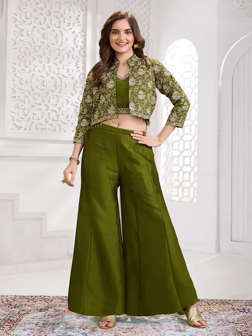 Mehendi green jacket style silk palazzo ensemble