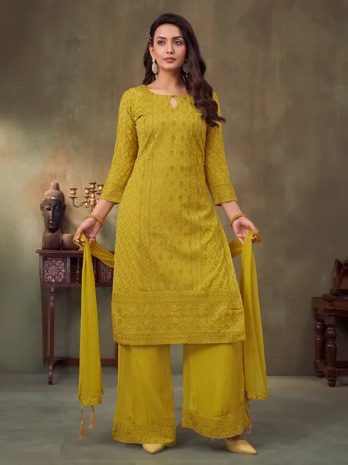 Mehendi green pakistani palazzo suit with keyhole neck