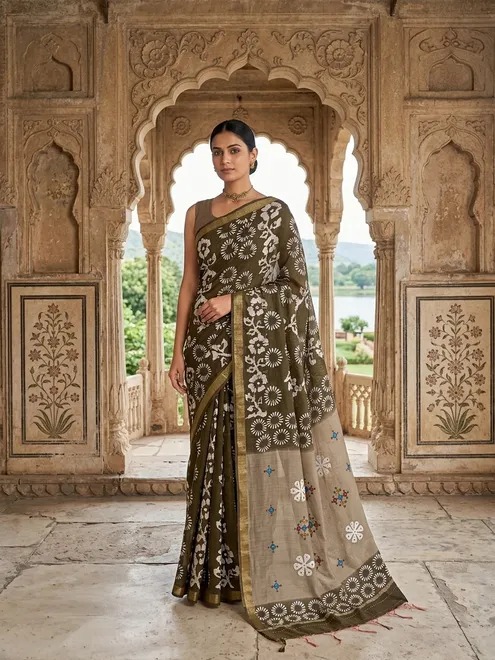 Mehendi green printed chanderi saree