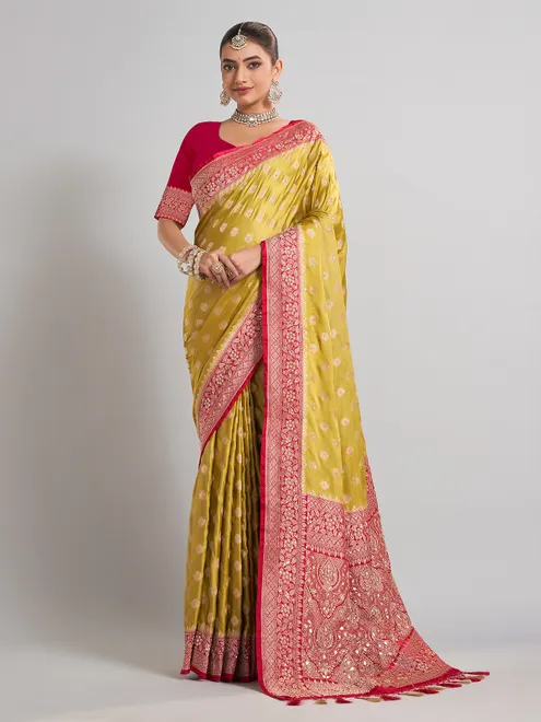 Mehendi green satin silk saree with intricate wedding wear