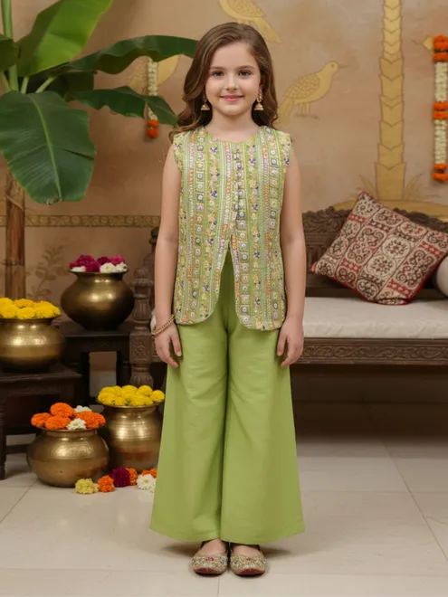Mehendi green silk aabla work palazzo suit