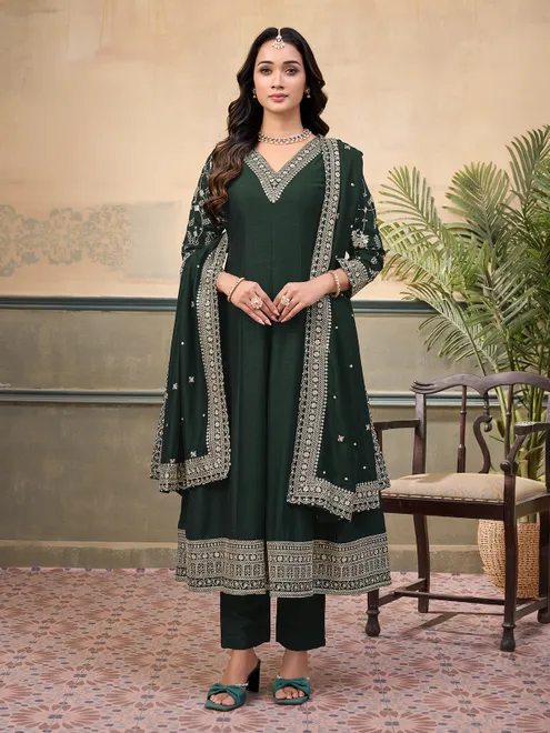Mehendi green silk anarkali V neck festive suit