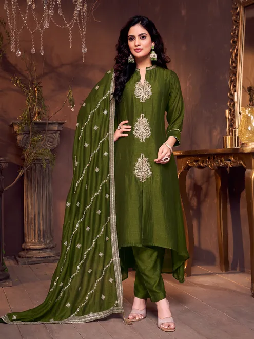 Mehendi green silk collar neck salwar suit for women