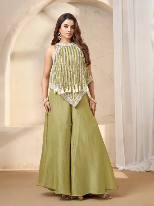 Mehendi green silk designer halter neck palazzo suit