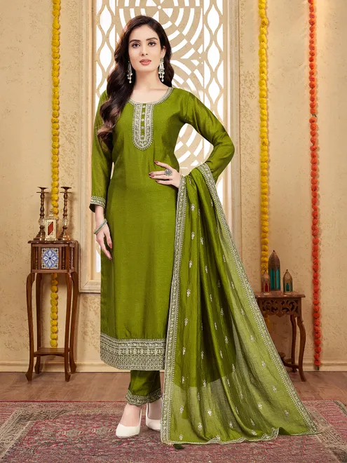 Mehendi green silk embellished salwar suit
