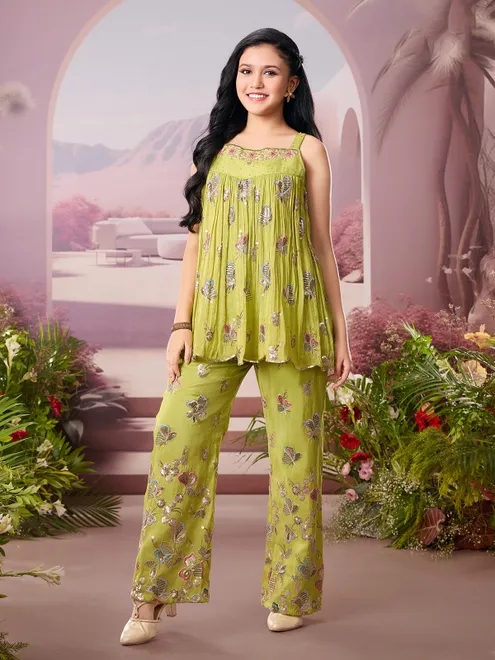 Mehendi green silk embroidered pearl work palazzo suit