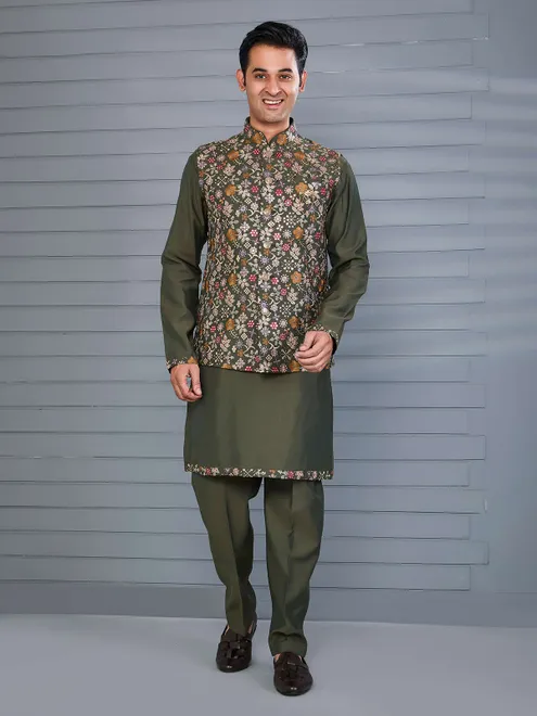 Mehendi green silk embroidered work waistcoat set