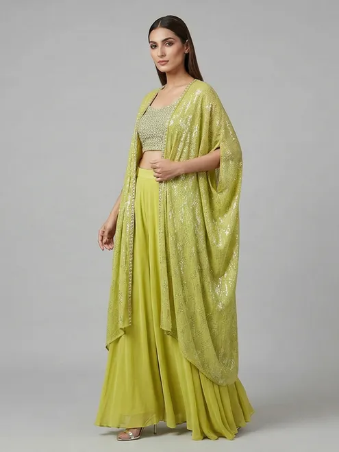 Mehendi green silk jacket style designer palazzo suit