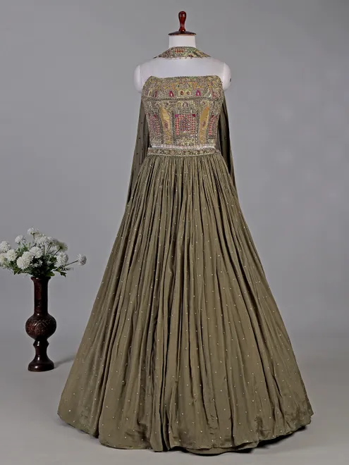 Mehendi green silk lehenga choli with zardosi accents