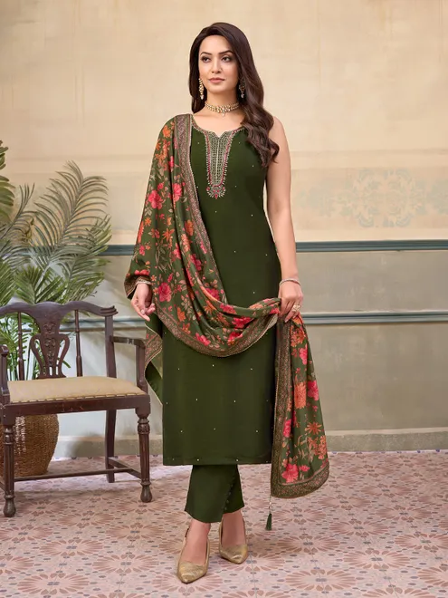 Mehendi green silk mirror embellished festive sleeveless salwar suit