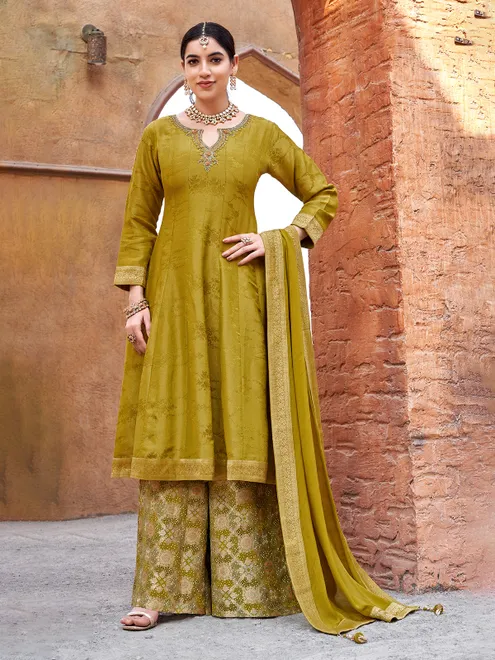 Mehendi green silk pakistani palazzo suit with dupatta
