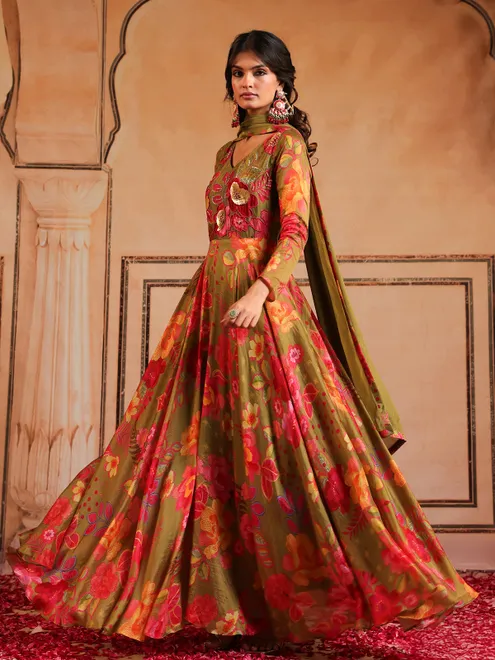 Mehendi green silk printed anarkali suit