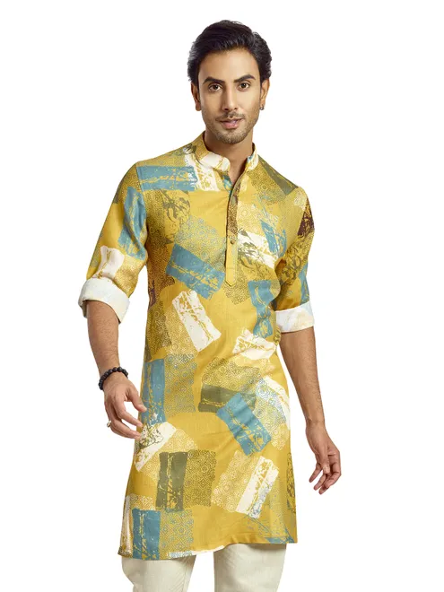 Mehendi green silk printed festive kurta for men