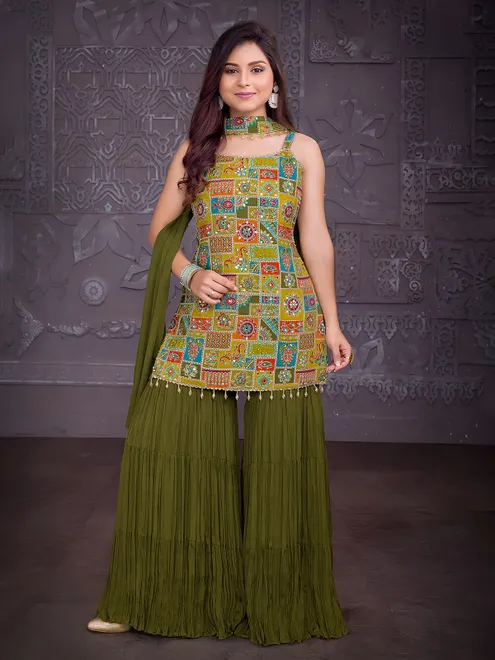 Mehendi green silk sharara suit for wedding wear