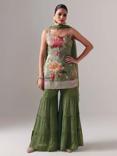 Mehendi green silk sharara suit with dupatta