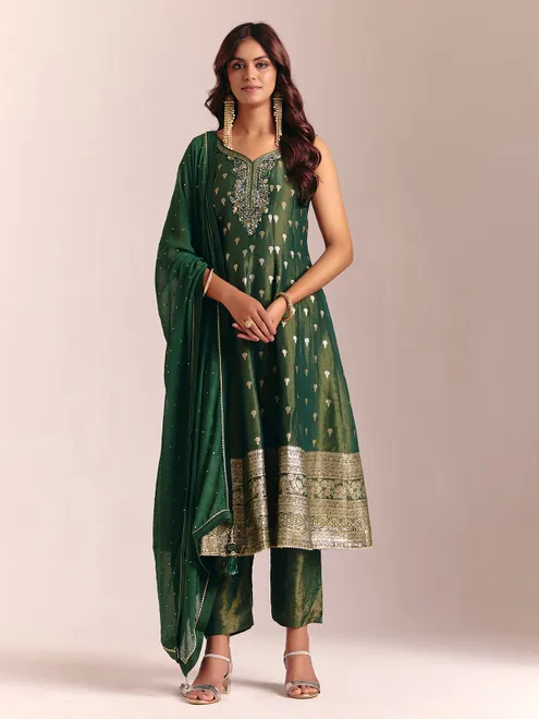 Mehendi green silk sleeveless salwar suit with dupatta
