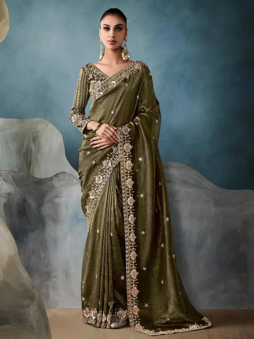 Mehendi green tissue silk saree with cutdana work
