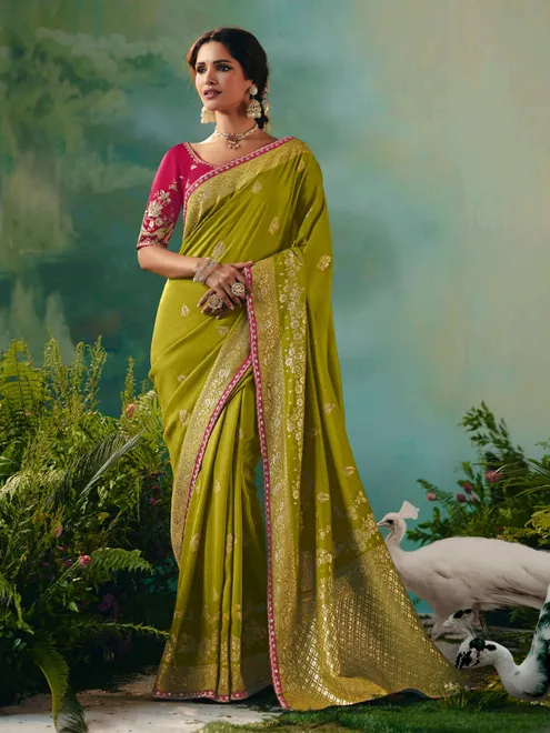 Mehendi green viscose dola silk saree with zari work
