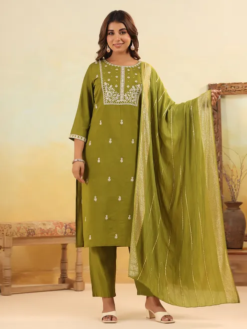 Mehendi green yoke style silk kurti set