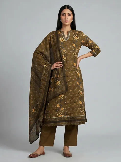 Mehendi olive cotton kurti set with floral detailing
