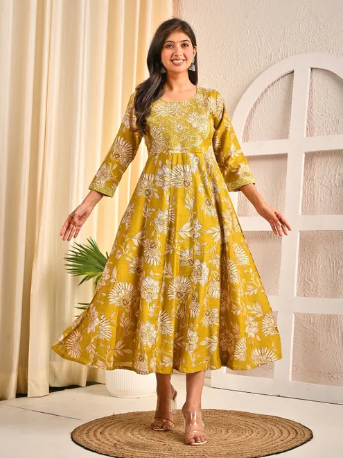 Mehendi olive cotton silk floral printed yoke kurti