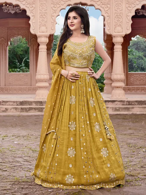 Mehendi olive silk aabla work lehenga choli with dupatta