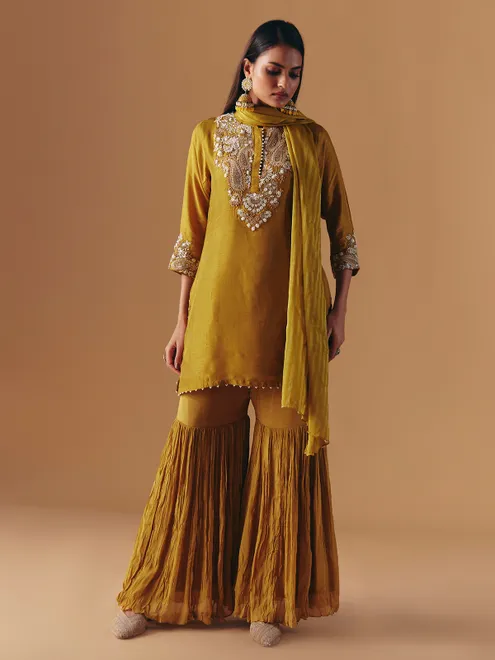 Mehendi olive silk pakistani sharara suit