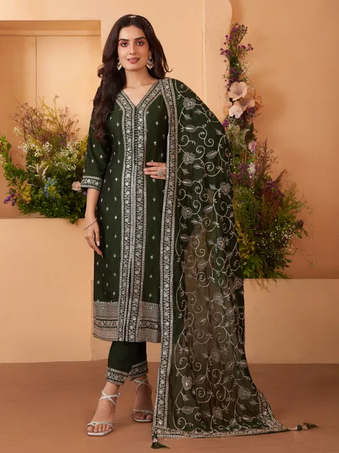 Mehendi salwar suit with gentle festive embellishment