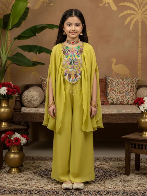 Mehendi yellow chiffon palazzo suit for girls
