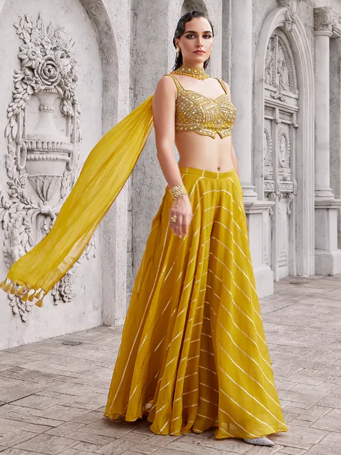 Mehendi yellow chiffon palazzo suit with soft festive glow