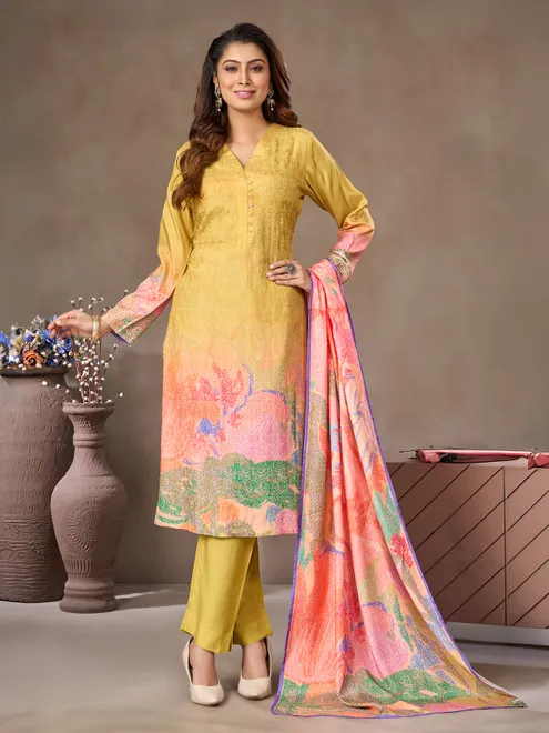 Mehendi yellow cotton silk salwar suit with v neckline