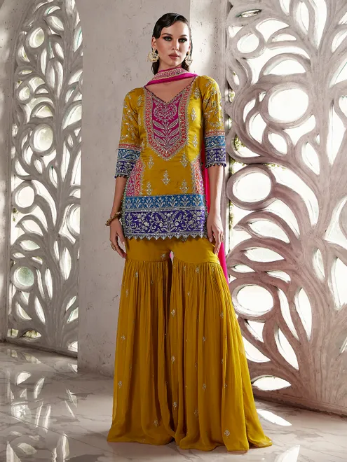 Mehendi yellow georgette sharara suit with mirror elegance