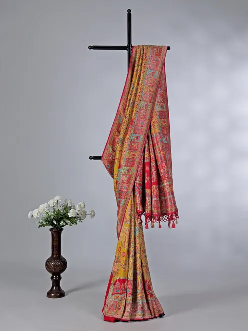 Mehendi yellow pashmina silk saree