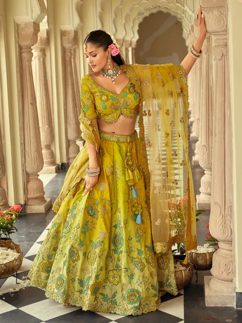 Mehendi yellow radiant silk ensemble lehenga choli for women