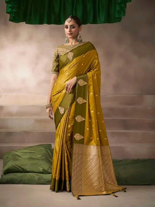 Mehendi yellow satin silk saree with festive charm