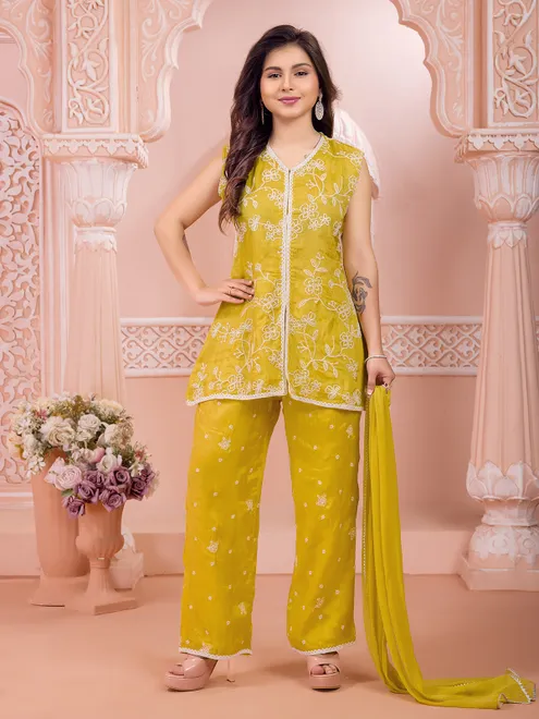 Mehendi yellow silk festive wear palazzo suit
