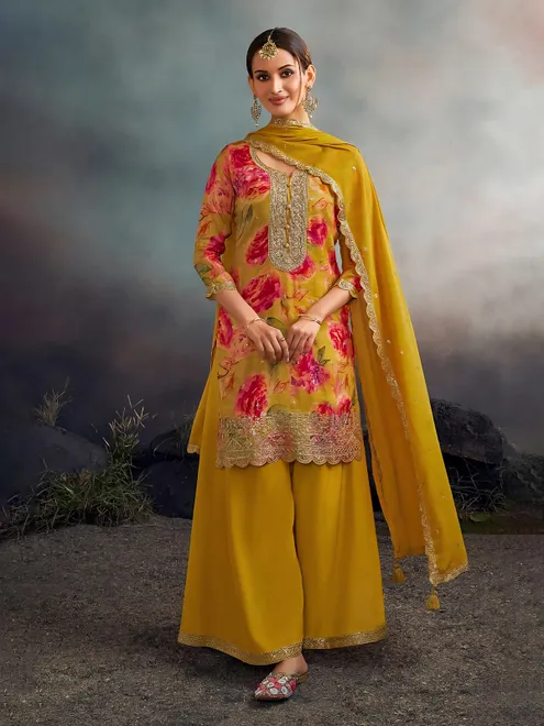 Mehendi yellow silk palazzo kurti set with dupatta