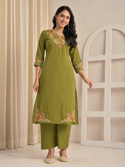 Mehndi green cotton silk embroidered kurti palazzo set
