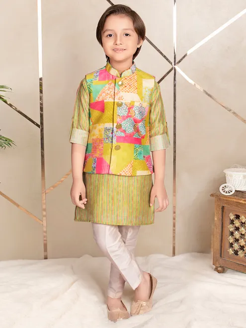 Mehndi green festive wear silk waistcoat set for boys